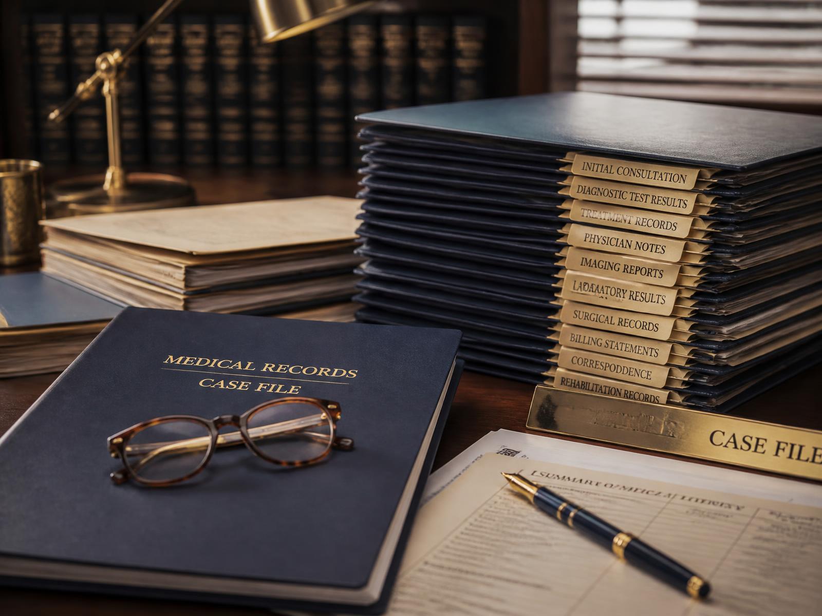 Organized personal injury medical records and case files on a desk
